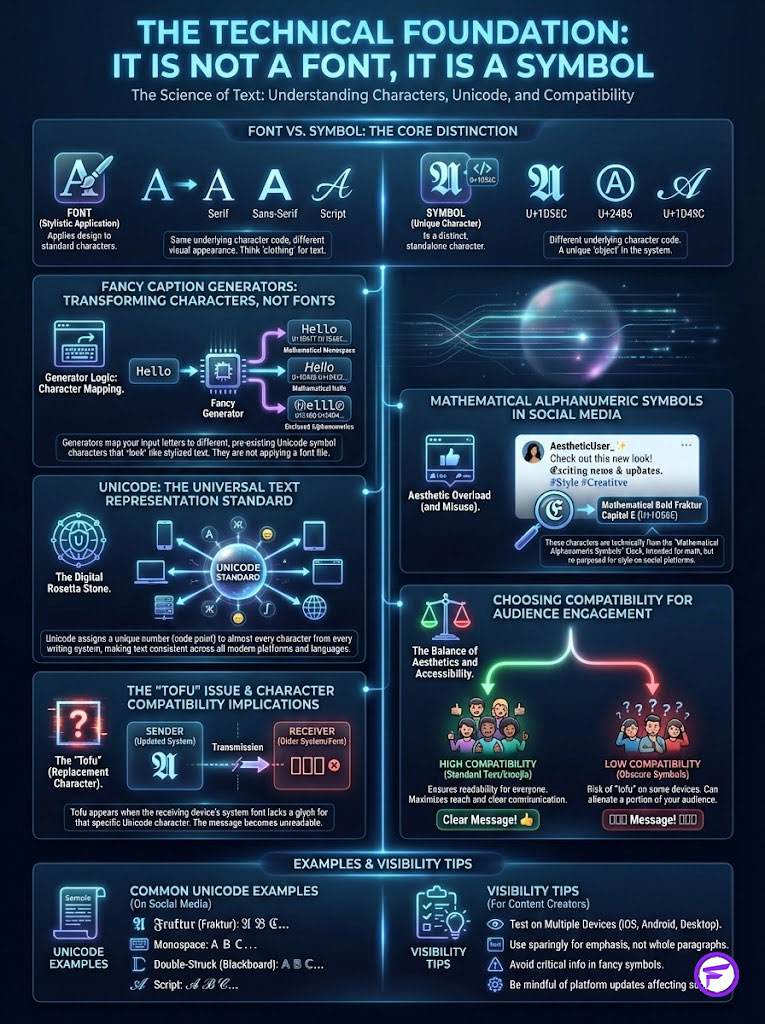 Infographic explaining the distinction between fonts and symbols, Unicode standards, and visibility tips for content creators.