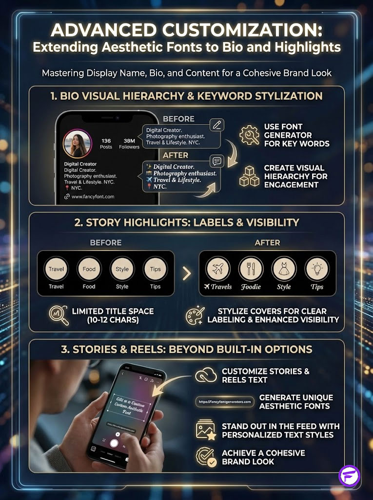 Infographic showing advanced customization for aesthetic fonts in bios and highlights with examples and tips.