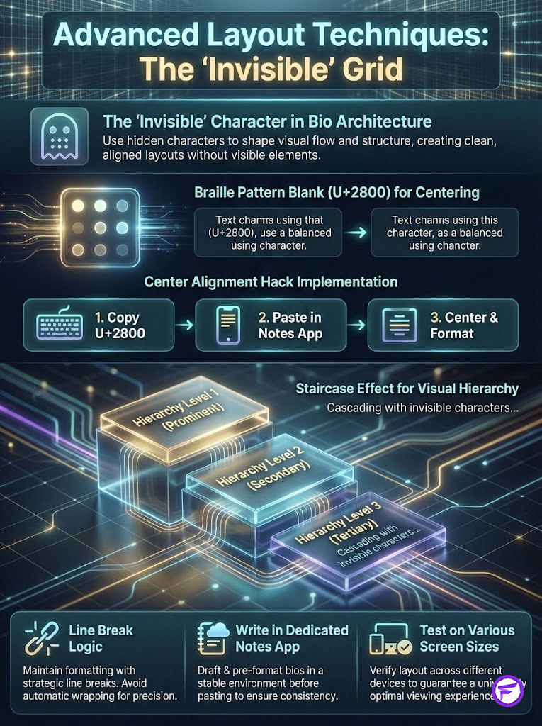 Infographic explaining advanced layout techniques using invisible characters for visual flow and structure.