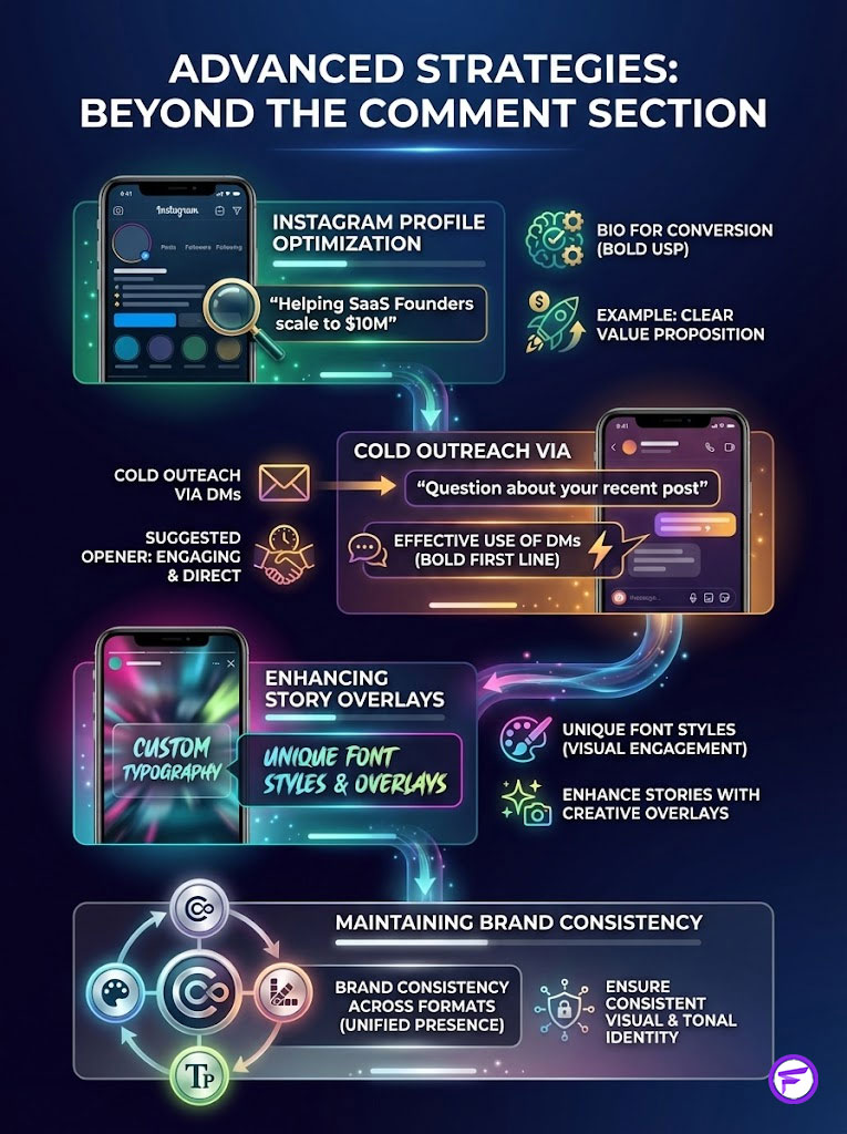 Infographic showing advanced social media strategies including Instagram profile optimization and cold outreach via DMs.