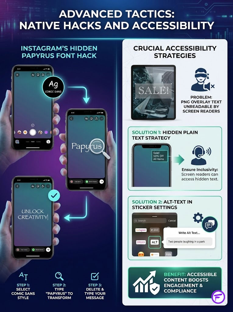 Infographic showing Instagram font hacks and accessibility strategies with text and icons on mobile devices.