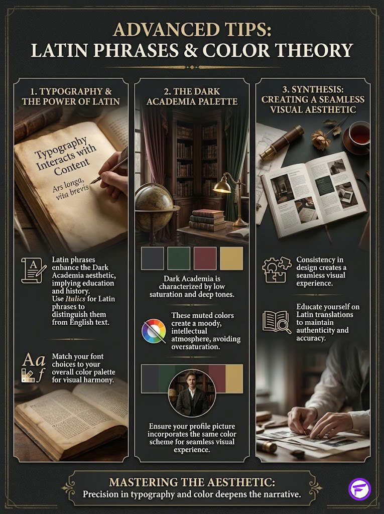 Infographic on Latin phrases and color theory with sections on typography, color palette, and visual aesthetics.