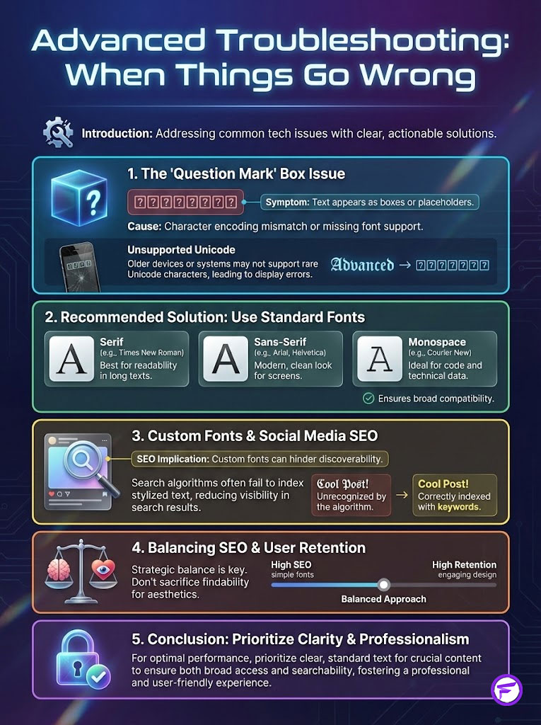 Infographic on advanced troubleshooting for tech issues, featuring solutions and key data points.