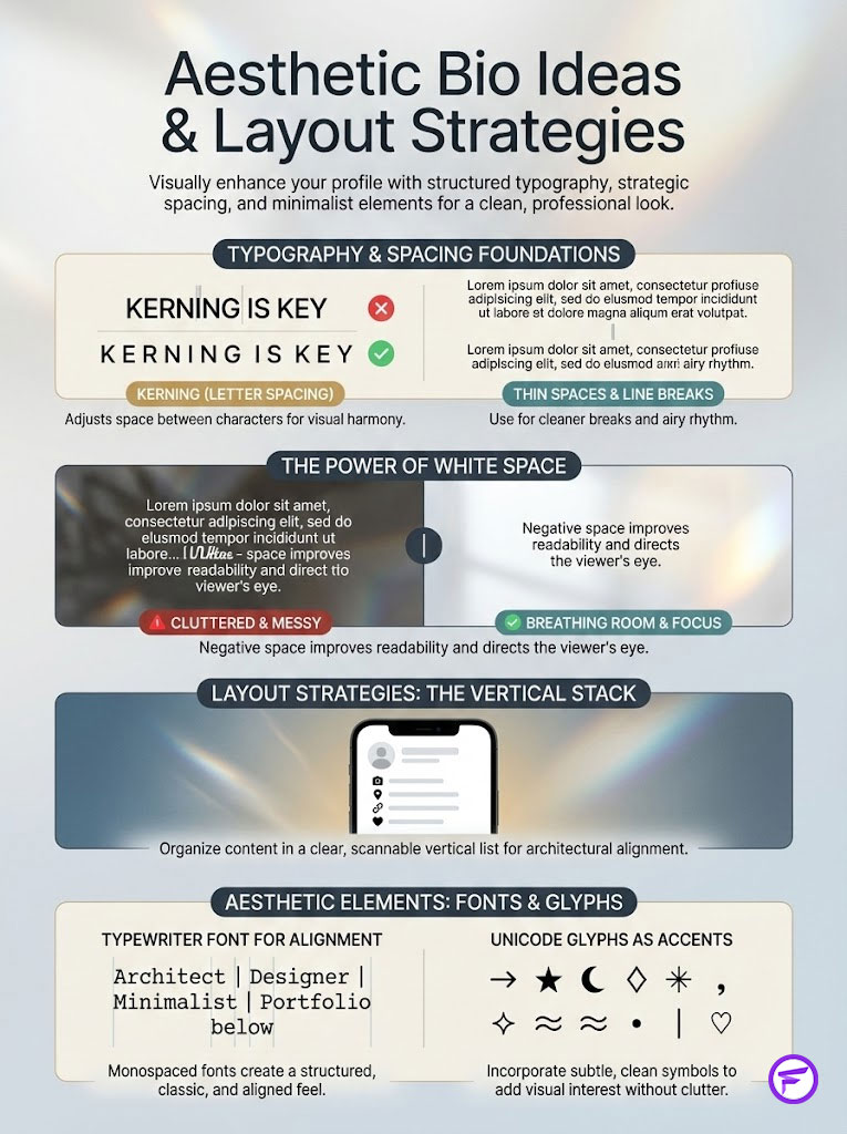 Infographic showing aesthetic bio ideas with typography, spacing, and layout strategies for profiles.