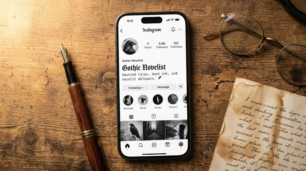 A smartphone displays an Instagram profile for a Gothic novelist beside a fountain pen and aged paper.