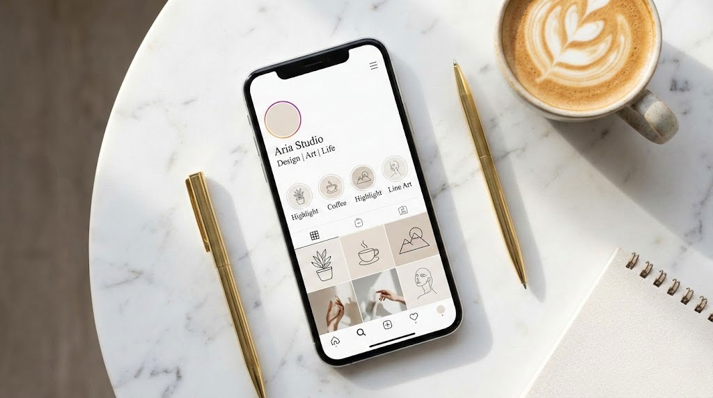 A smartphone displaying Aria Studio's Instagram profile on a marble table with a coffee cup and notebook.