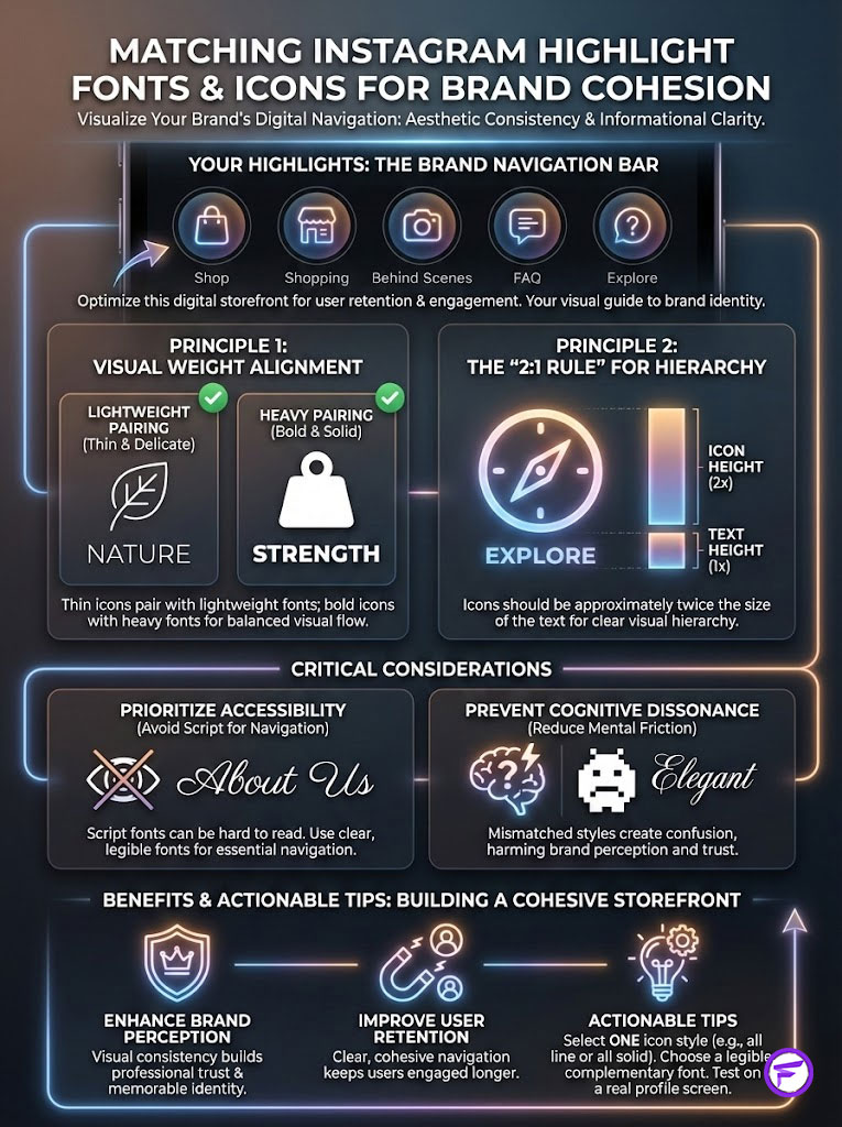 Infographic on matching Instagram highlight fonts and icons for brand cohesion, featuring principles and tips.