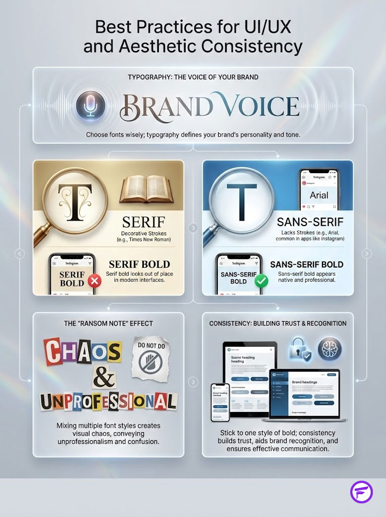 Infographic on best practices for UI/UX typography, featuring font types and consistency tips.