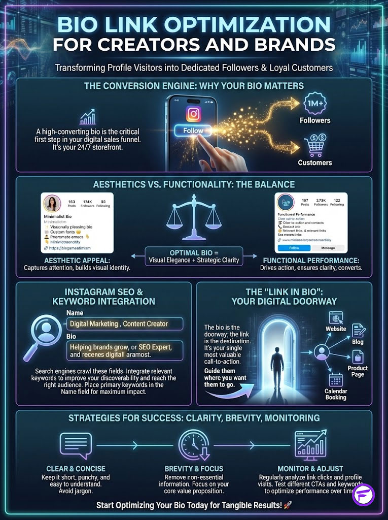 Infographic on bio link optimization for creators and brands, featuring statistics, strategies, and visual elements.