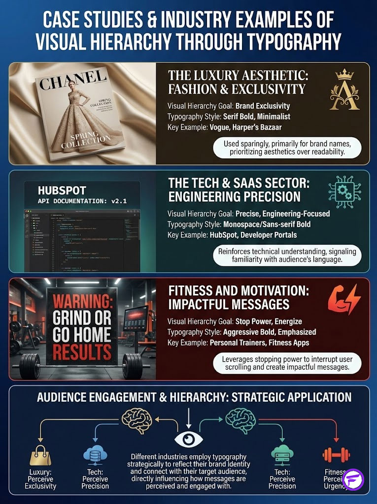 Infographic showing case studies of visual hierarchy in typography for fashion, tech, and fitness industries.