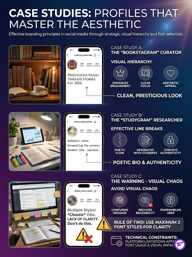 Infographic showcasing case studies on effective social media branding principles with visuals and text examples.
