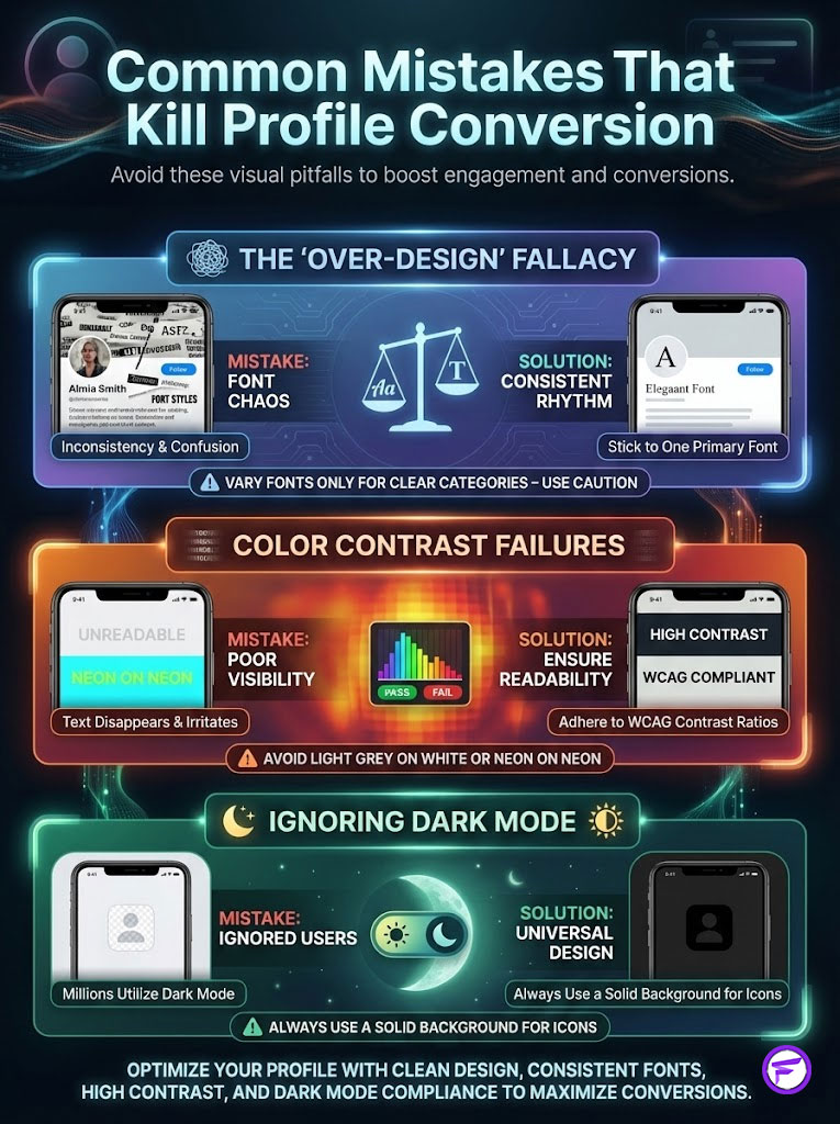 Infographic showing common mistakes that kill profile conversion with tips on design and visibility issues.