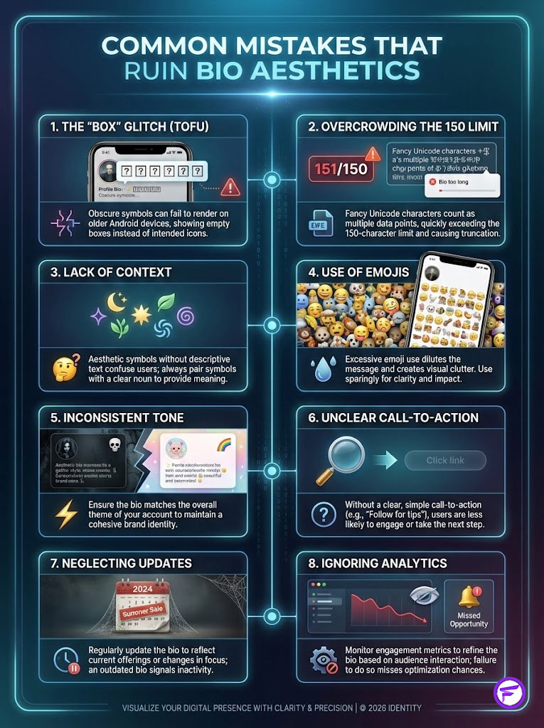 Infographic showing common mistakes that ruin bio aesthetics, including text and icons for each mistake.