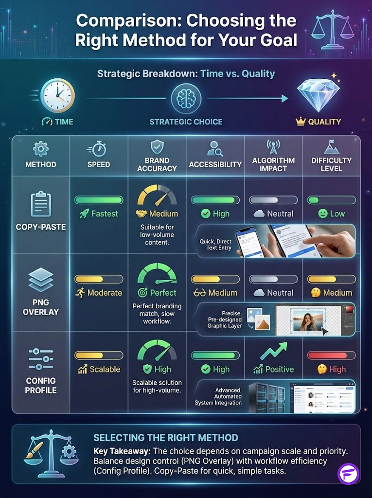 Infographic comparing methods for strategic choices in content creation, detailing speed, accuracy, and accessibility.