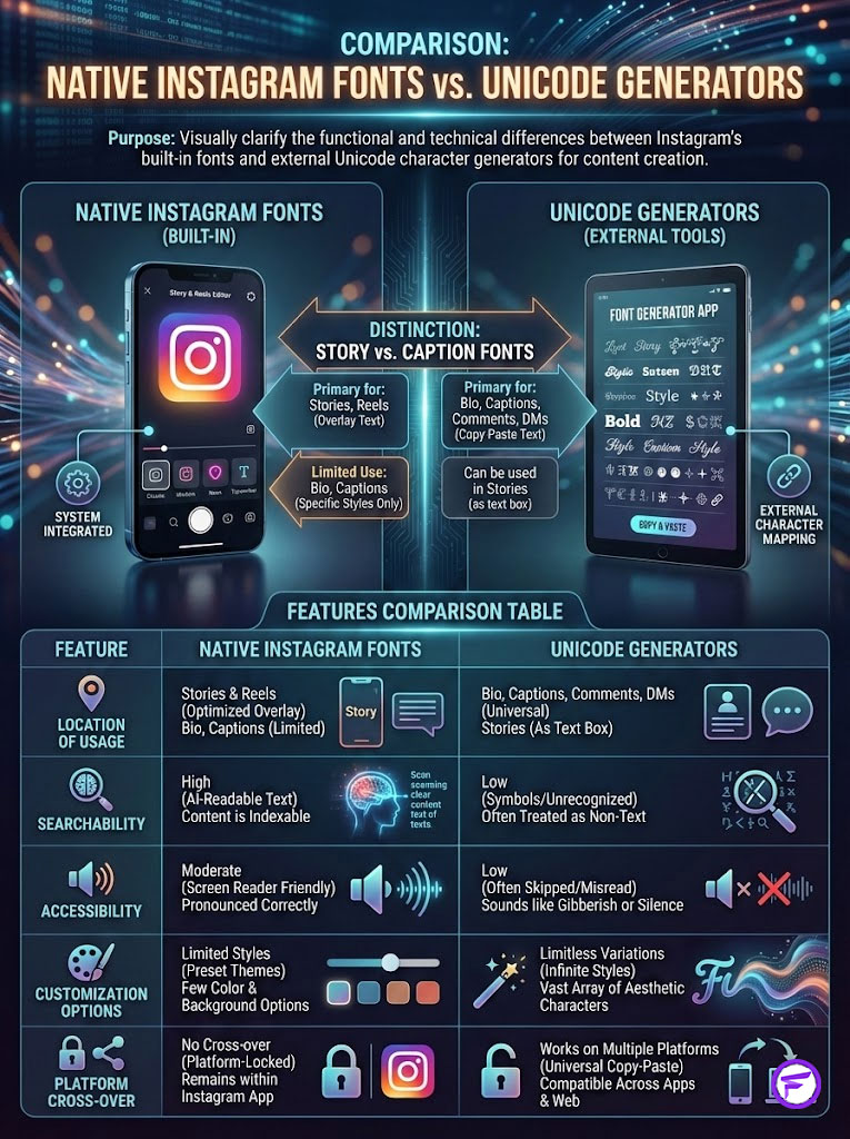 Comparison infographic highlighting Native Instagram Fonts and Unicode Generators with features and usage details.