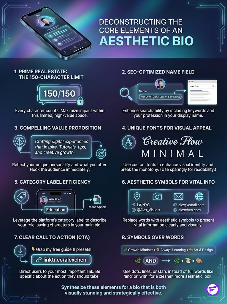 Infographic detailing core elements of an aesthetic bio with tips on character limits, SEO, and visual appeal.