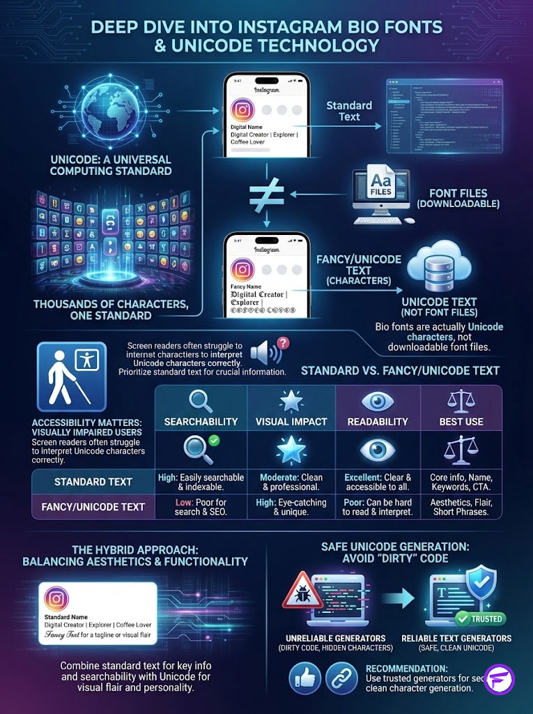 Infographic explaining Instagram bio fonts and Unicode technology, featuring charts and key data points on text types.