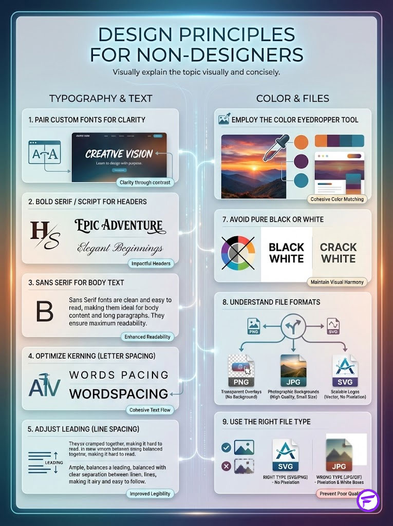 Infographic illustrating design principles for non-designers, featuring typography tips and color guidelines.