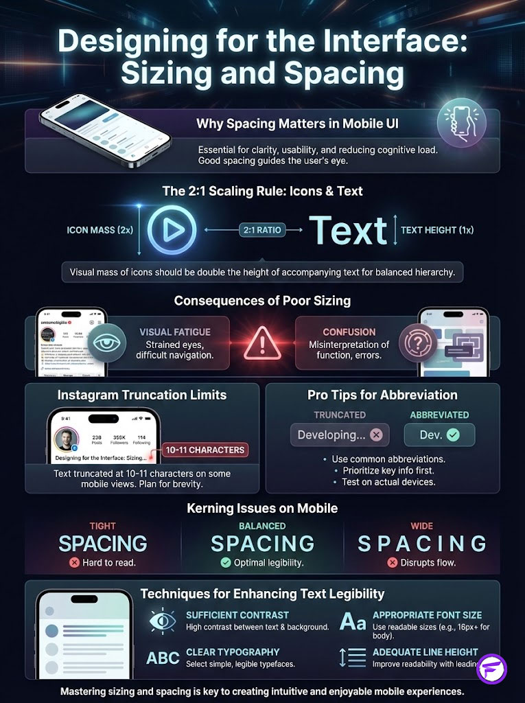 Infographic on mobile UI design emphasizing spacing, scaling rules, and text legibility techniques.