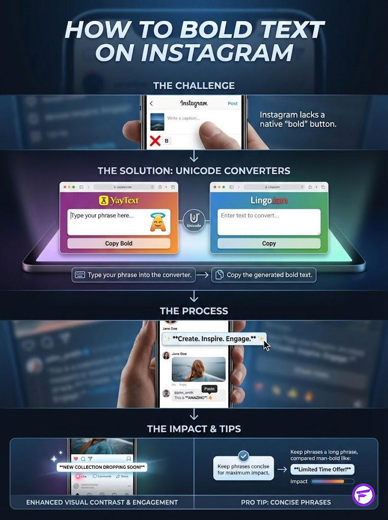 Infographic explaining how to bold text on Instagram using Unicode converters with visual examples and tips.