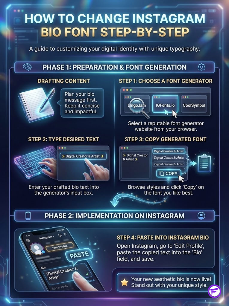 Infographic showing steps to change Instagram bio font, including drafting content and using font generators.