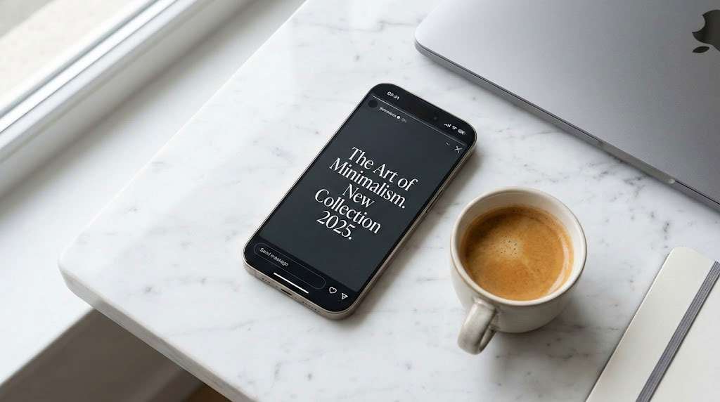 A smartphone displays "The Art of Minimalism. New Collection 2025" on a marble table next to a coffee cup.