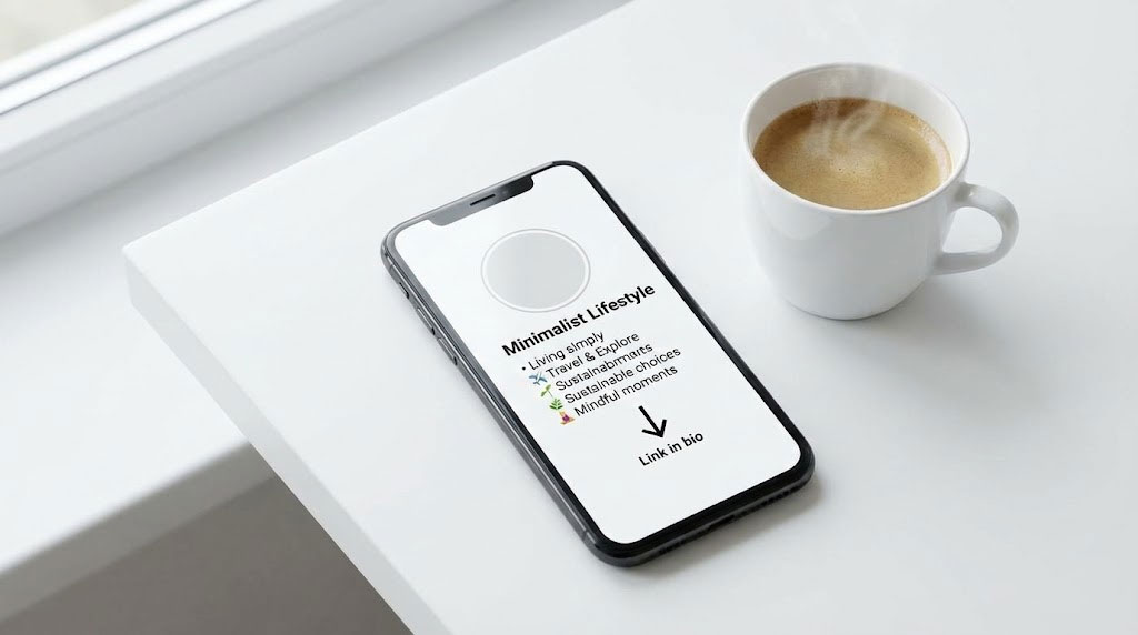 A smartphone displaying minimalist lifestyle tips next to a steaming coffee cup on a white table.