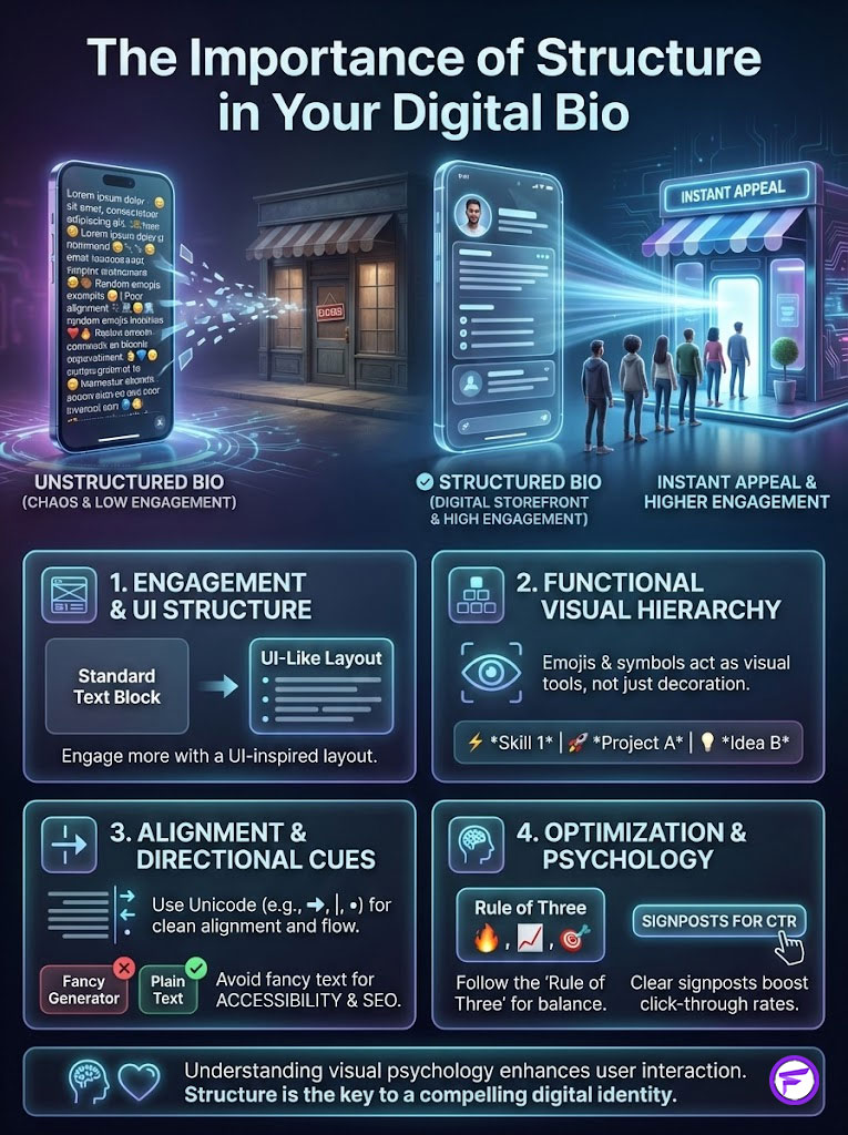 Infographic showing the importance of structure in digital bios with sections on engagement, visual hierarchy, and psychology.