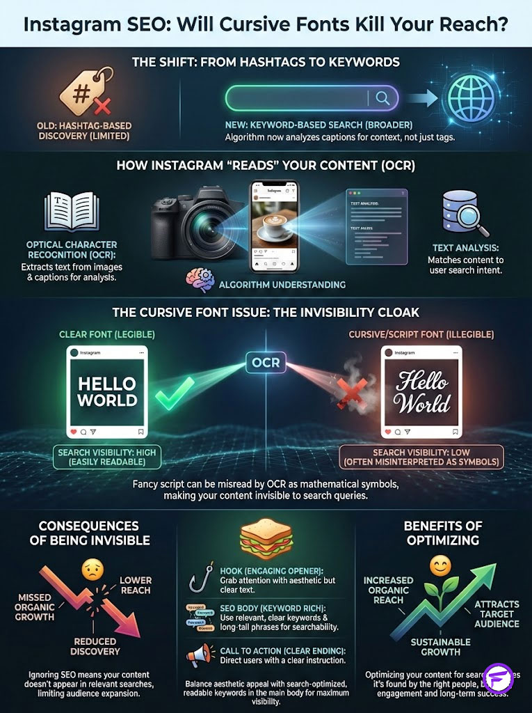 Infographic explaining Instagram SEO and the impact of cursive fonts on search visibility and reach.