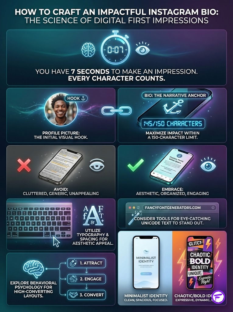 Infographic on crafting impactful Instagram bios, featuring tips, statistics, and visual elements for engagement.