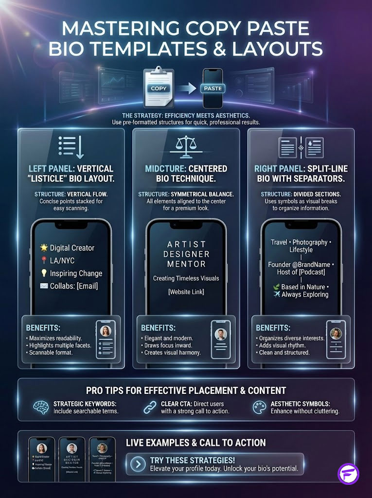 Infographic on mastering copy-paste bio templates with three layout styles and benefits for each section.