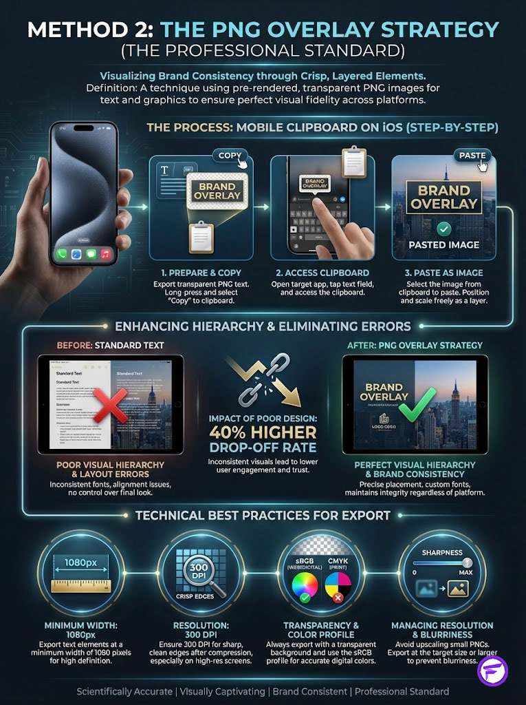 Infographic illustrating the PNG Overlay Strategy for brand consistency with steps and design tips.