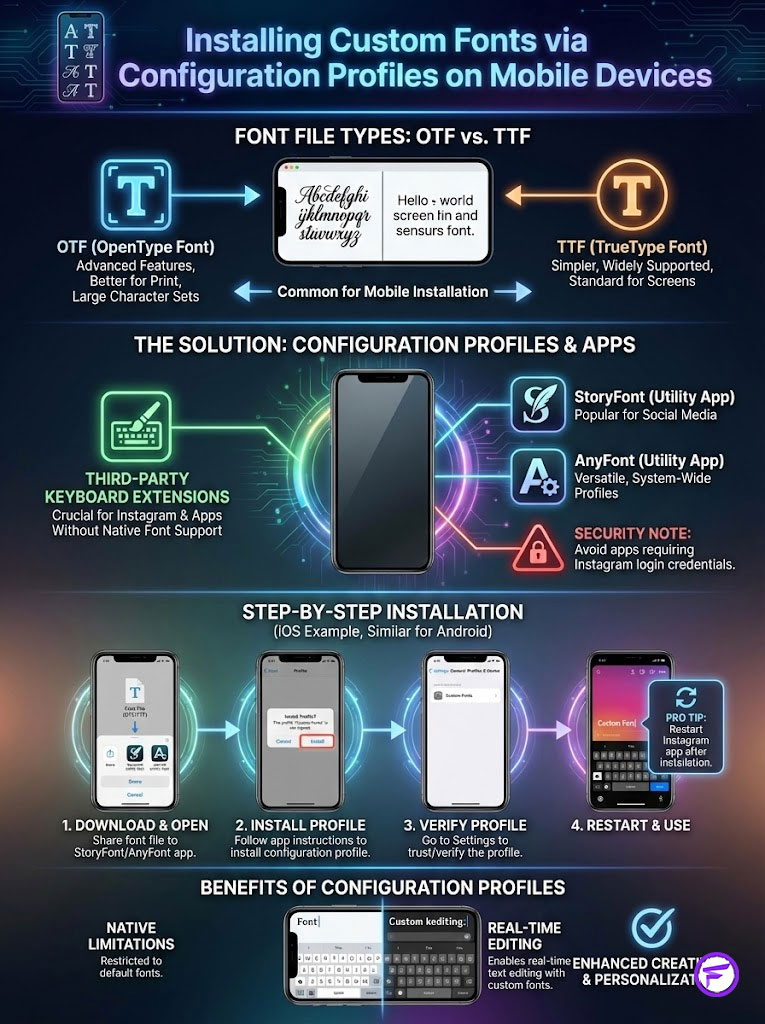 Infographic on installing custom fonts via configuration profiles on mobile devices, detailing steps and app options.