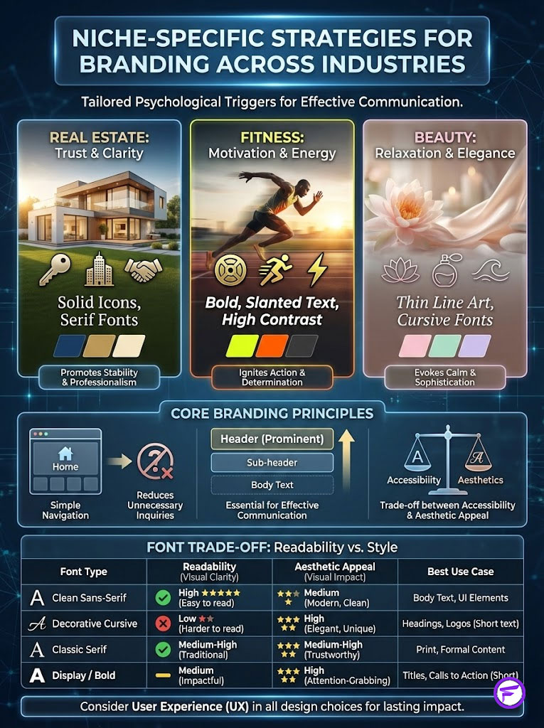 Infographic showing niche-specific branding strategies for real estate, fitness, and beauty industries with visual elements and text.