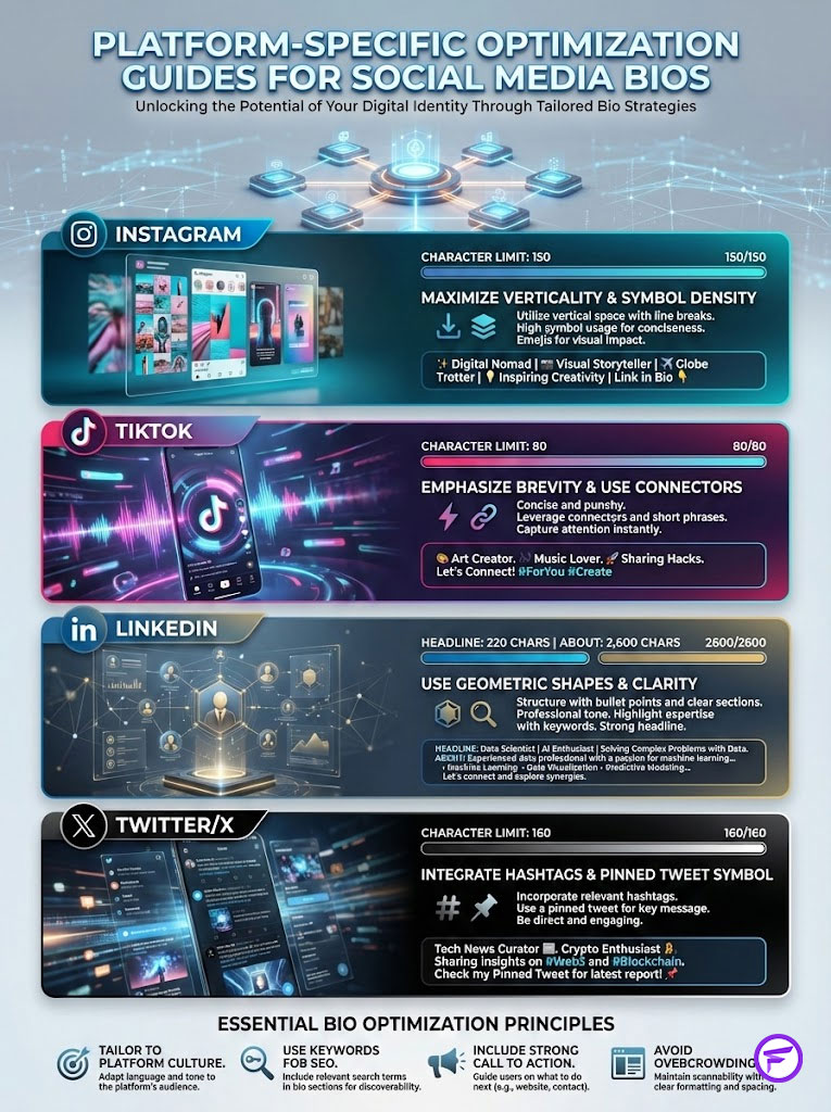 Infographic detailing social media bio optimization strategies for Instagram, TikTok, LinkedIn, and Twitter/X with character limits and tips.