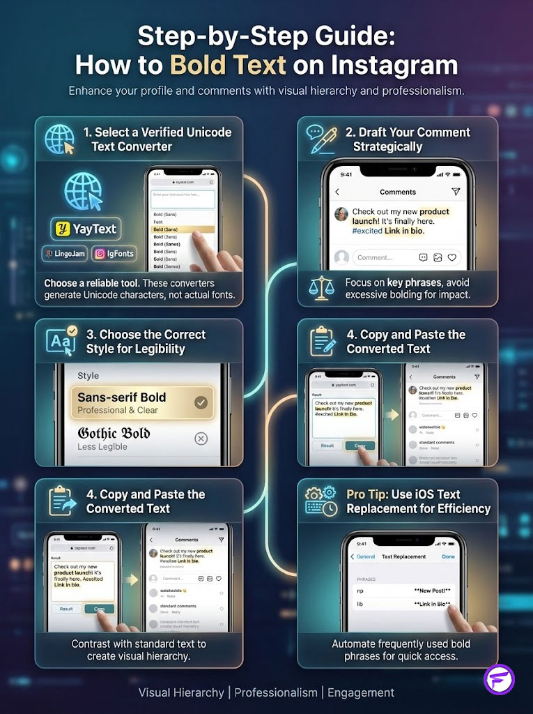 Step-by-step guide on how to bold text on Instagram with text converters and tips for visual hierarchy. Infographic.