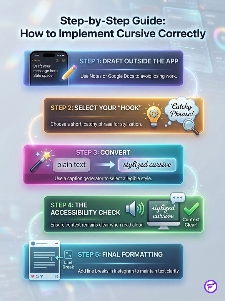 Step-by-step guide on implementing cursive correctly with five distinct steps and colorful icons.