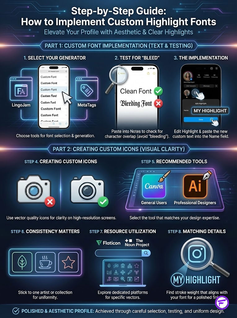 Step-by-step infographic on implementing custom highlight fonts with icons and tools for aesthetic profiles.