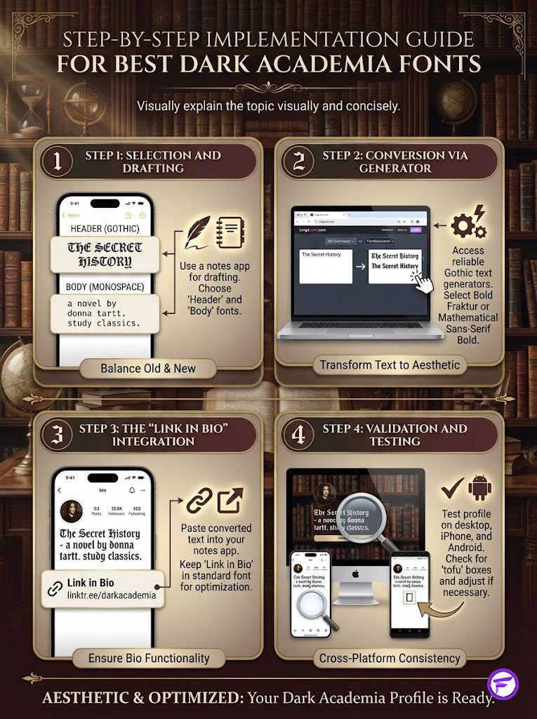Step-by-step guide for best dark academia fonts with four steps and visual elements on a library background.