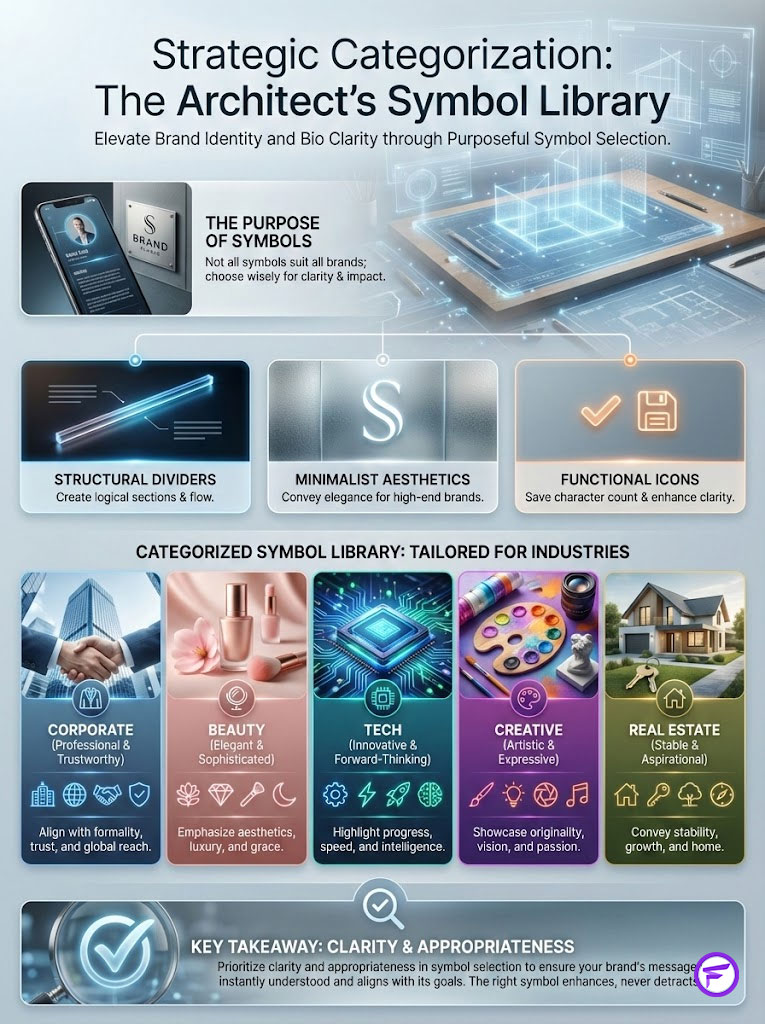 Infographic illustrating the Architect's Symbol Library with categories for Corporate, Beauty, Tech, Creative, and Real Estate symbols.
