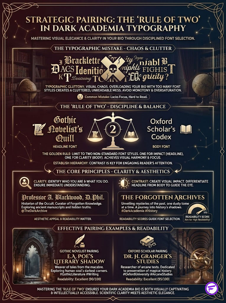 Infographic on dark academia typography, highlighting the 'Rule of Two' for clarity and aesthetics in font selection.