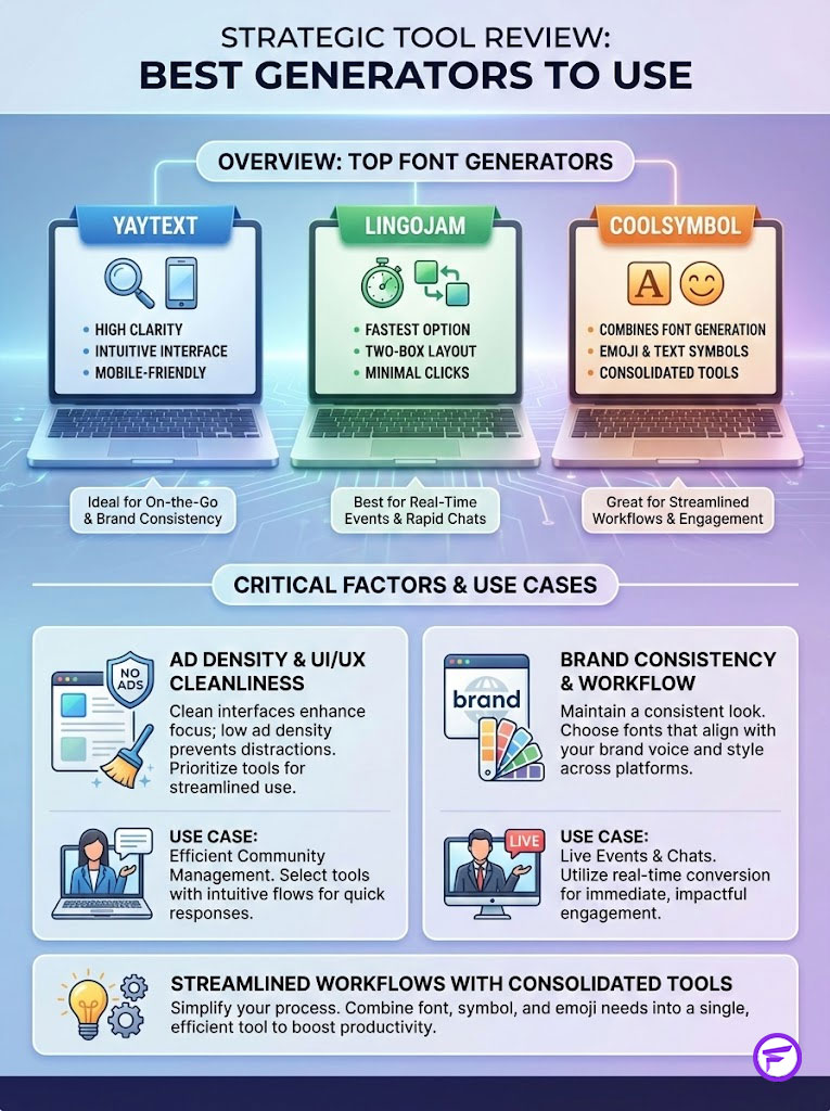 Infographic comparing top font generators YayText, Lingojam, and CoolSymbol with key features and use cases.