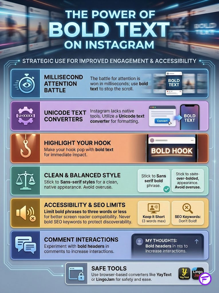 Infographic on the power of bold text on Instagram, featuring tips and strategies for engagement and accessibility.