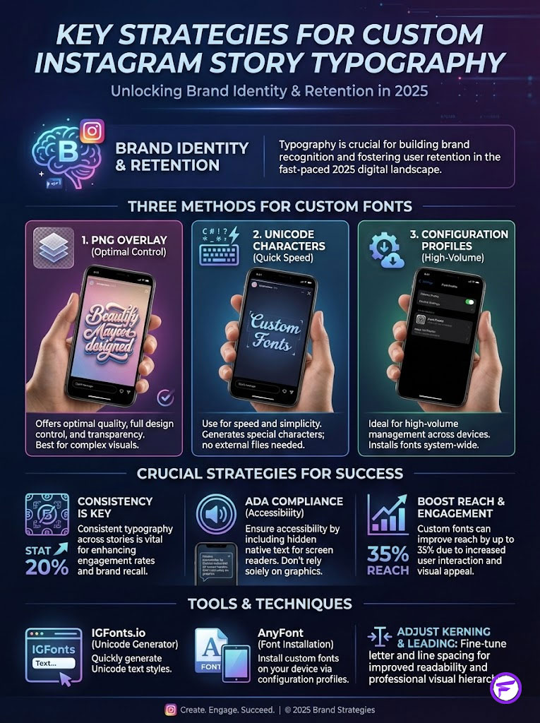 Infographic on Instagram story typography strategies, featuring methods, statistics, and tools for brand retention.
