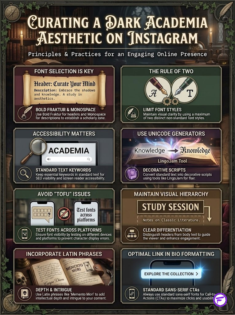 Infographic on curating a Dark Academia aesthetic for Instagram, featuring text on font selection and accessibility.
