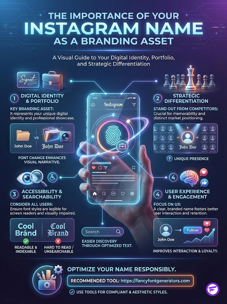 Infographic illustrating the importance of Instagram names for branding, featuring sections on identity, differentiation, and user engagement.