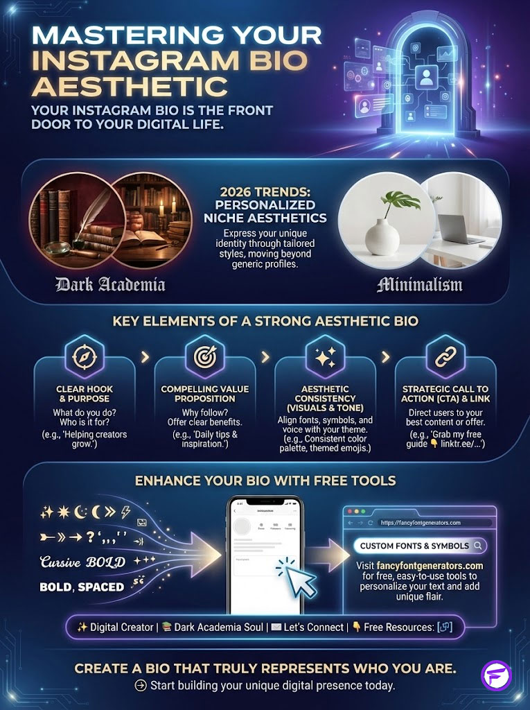 Infographic on mastering Instagram bio aesthetics with trends, key elements, and free tools for customization.