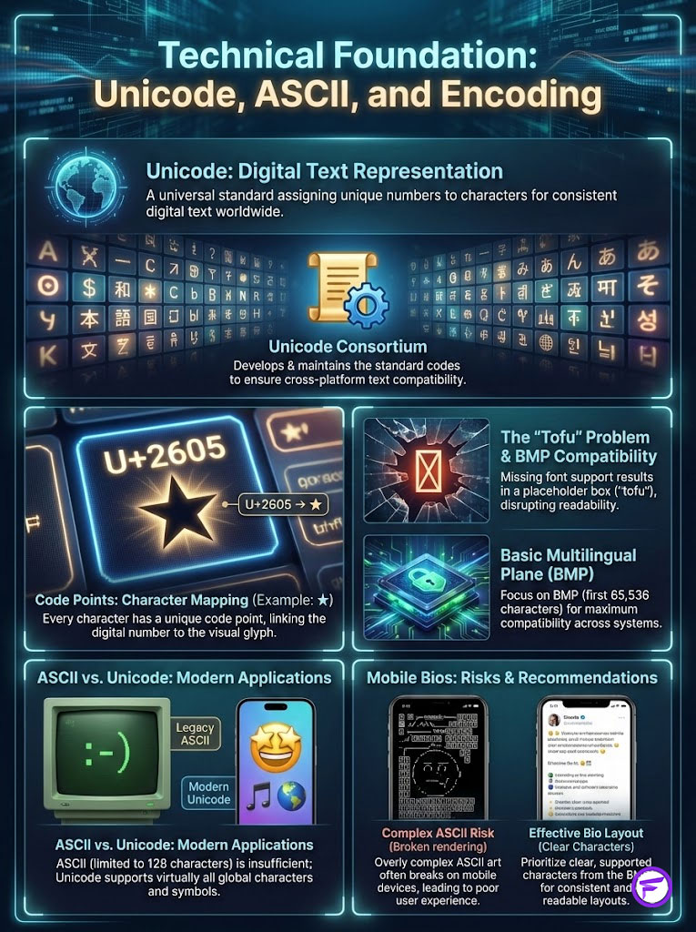 Infographic explaining Unicode, ASCII, and encoding with charts, icons, and character mapping examples.