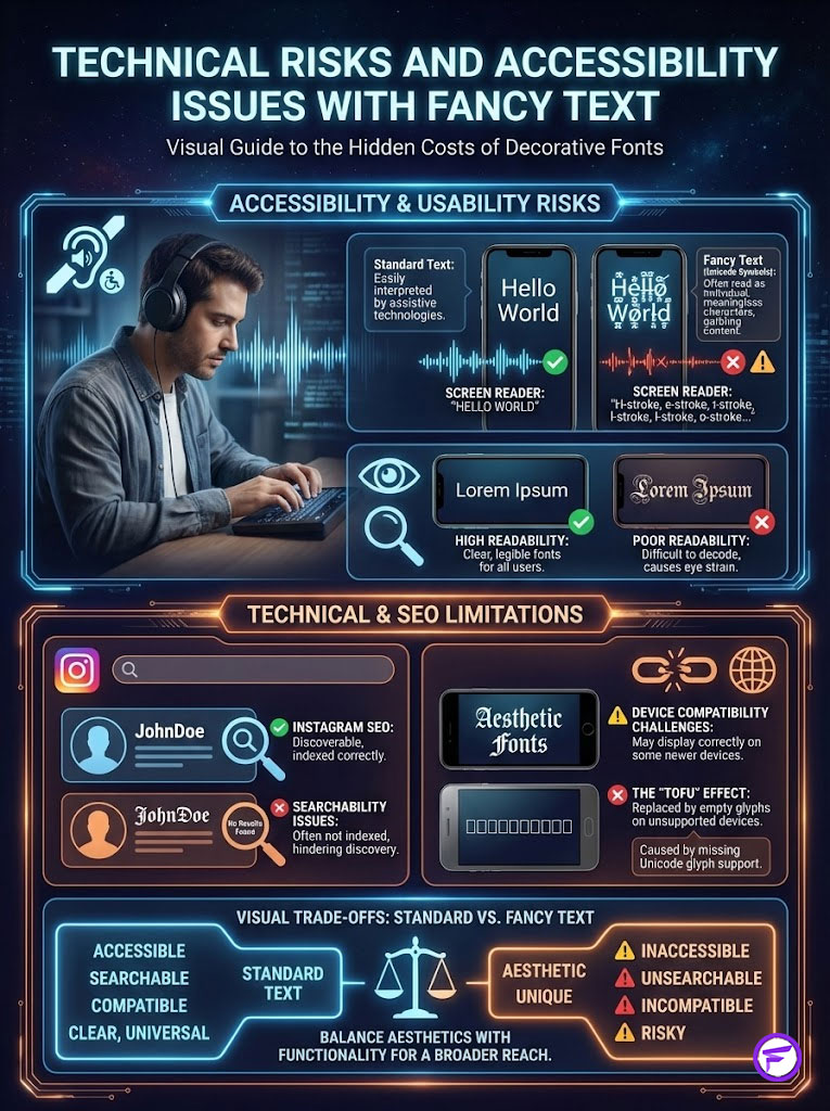 Infographic showing technical risks and accessibility issues with fancy text, including charts and icons on usability.