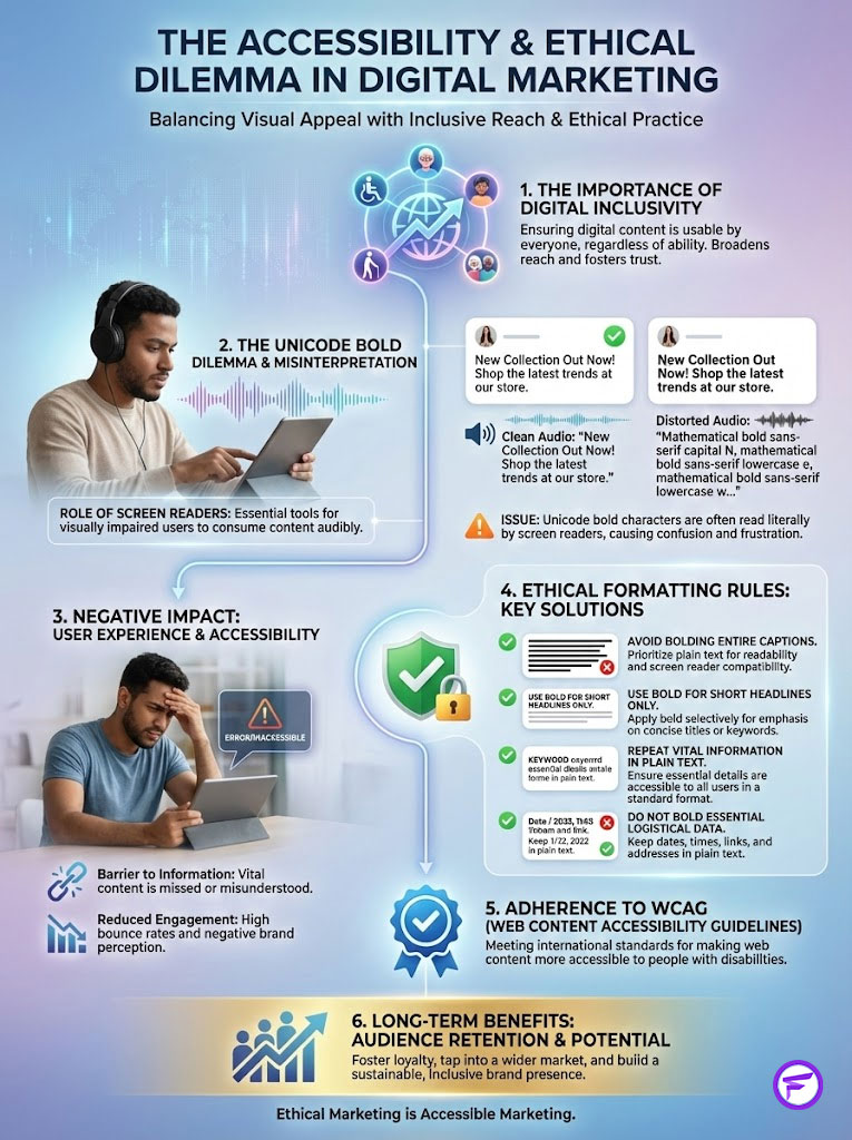 Infographic on digital marketing accessibility, featuring key points on inclusivity, user experience, and ethical practices.